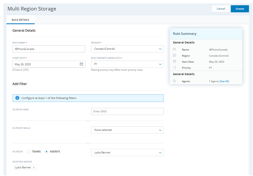 Image of multi-region storage rules form
